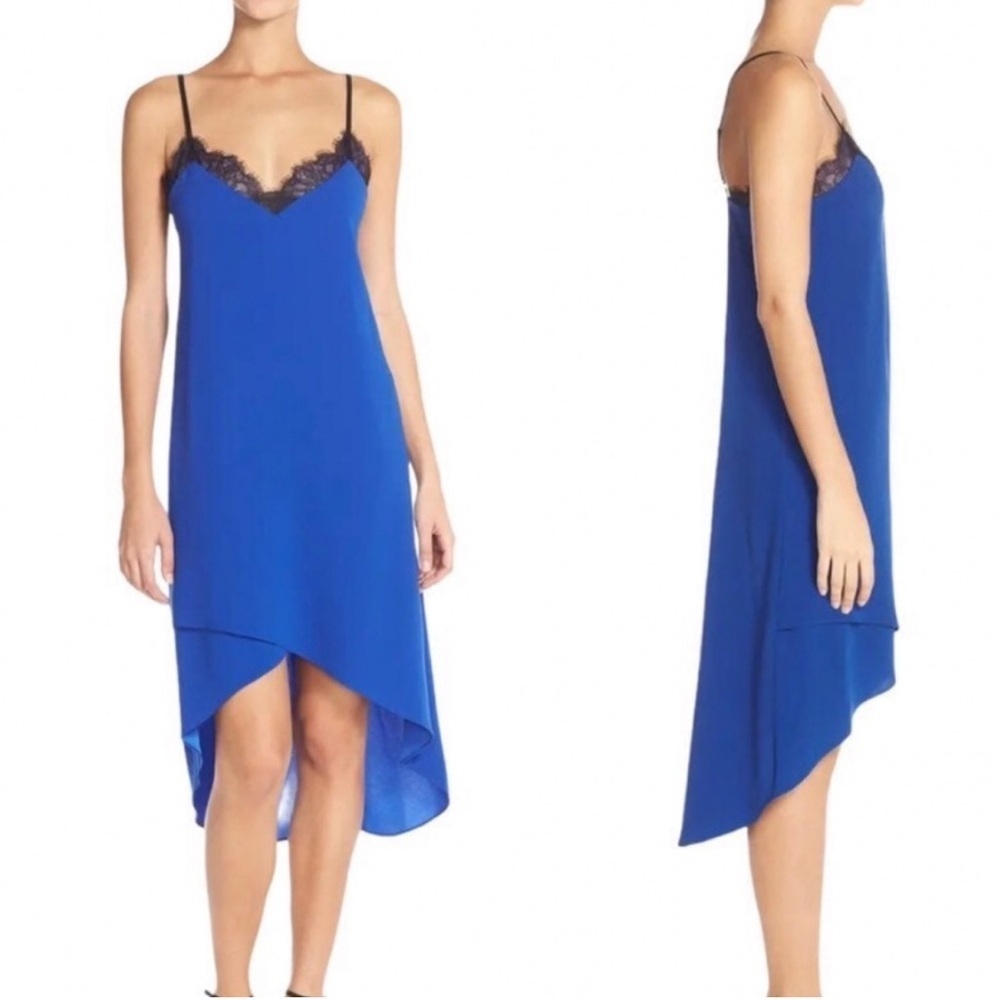 BCBGMaxAzria | Estrella Blue Crepe Slip Dress with Black Lace Trim - small